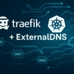 Visualisierung der Integration von Traefik mit ExternalDNS in Kubernetes – digitales Netzwerk mit DNS- und Ingress-Symbolik