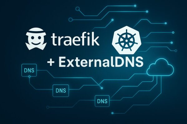 Visualisierung der Integration von Traefik mit ExternalDNS in Kubernetes – digitales Netzwerk mit DNS- und Ingress-Symbolik