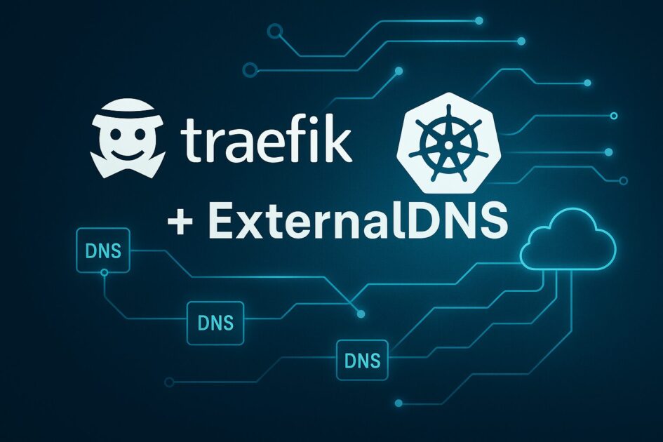 Visualisierung der Integration von Traefik mit ExternalDNS in Kubernetes – digitales Netzwerk mit DNS- und Ingress-Symbolik