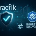 Visualisierung von Traefik als sicherer Reverse-Proxy im Vergleich zu ingress-nginx, mit digitalem Schild und Kubernetes-Cluster im Hintergrund.