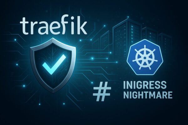 Visualisierung von Traefik als sicherer Reverse-Proxy im Vergleich zu ingress-nginx, mit digitalem Schild und Kubernetes-Cluster im Hintergrund.